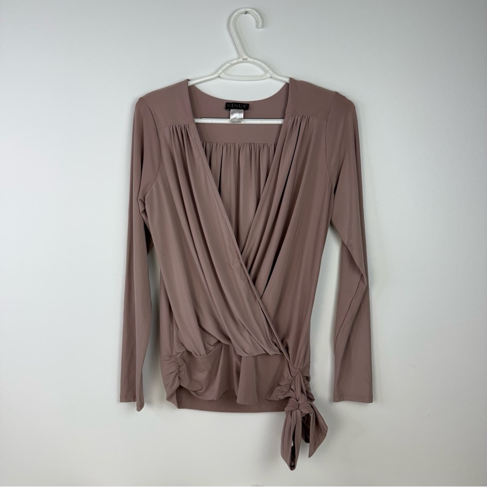 Venus Mauve Pink Surplice Side Tie Long Sleeve Wrap Top Y74562 Small